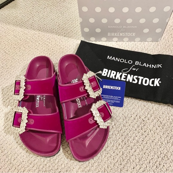 Manolo Blahnik Shoes - Fuchsia Pink Purple Arizona Crystal Buckle Velvet 2-Band Sandals